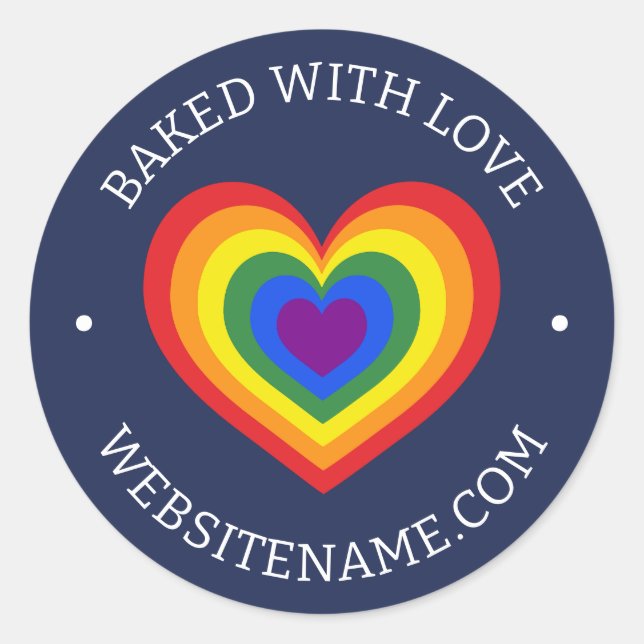 Baked With Love Rainbow Heart Custom Website Navy Classic Round Sticker (Front)