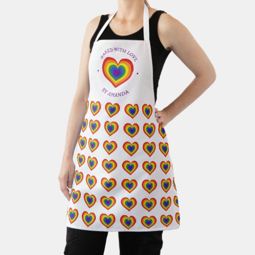 Baked With Love Rainbow Heart Pattern Custom Name Apron