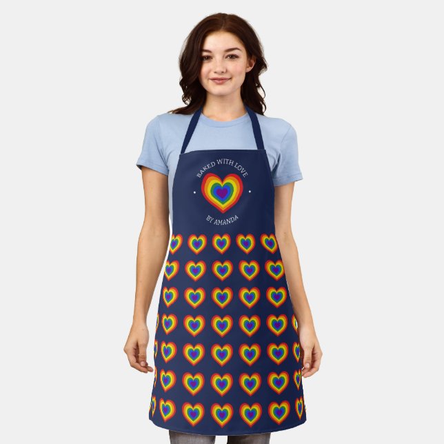Baked With Love Rainbow Heart Pattern Name on Navy Apron (Worn)