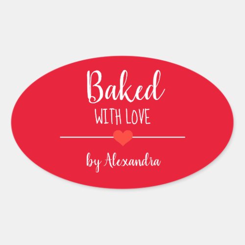 Baked with love red name oval sticker