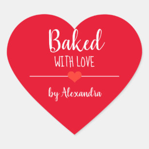 Baked with love red white name heart sticker