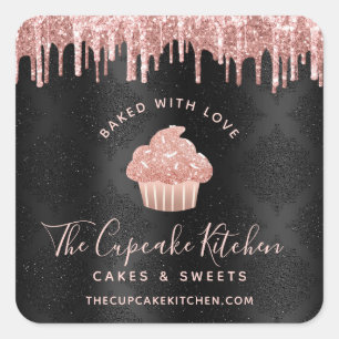 Baked With Love Rose Gold Cupcake Glitter Black Square Sticker