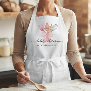Baked with love watercolor baking utensils pink adult apron