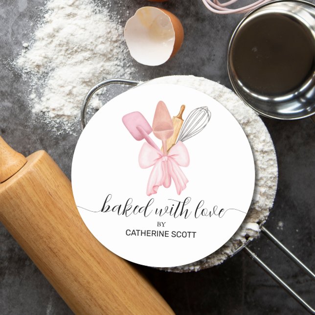 Baked with love watercolor personalized classic round sticker (Creator Uploaded)