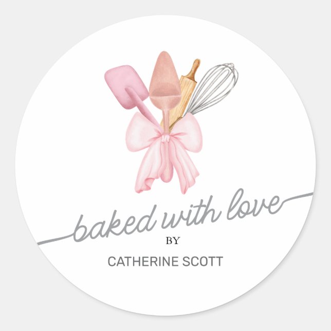 Baked with love watercolor personalized classic round sticker (Front)