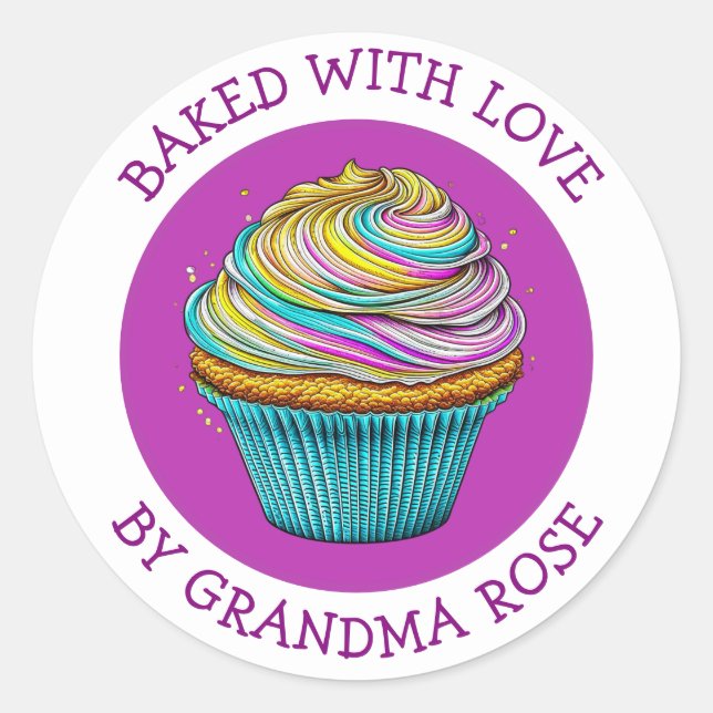 Baked with Love Whimsical Cupcake Personalized Classic Round Sticker (Front)
