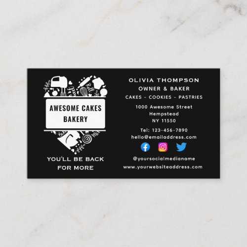 Baker Bakery Cakes Cookies Pastry Chef Black White Business Card