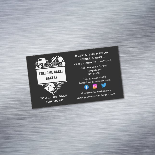 Baker Bakery Cakes Cookies Pastry Chef Black White Business Card Magnet (In Situ)