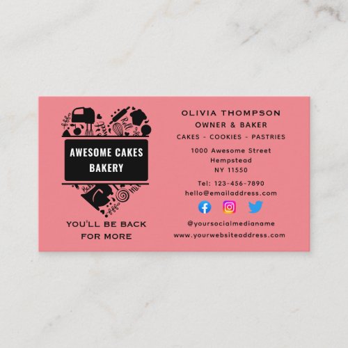 Baker Bakery Cakes Cookies Pastry Chef Pink Black Business Card