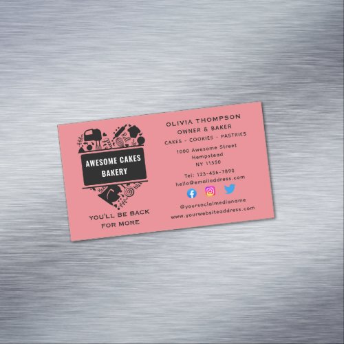 Baker Bakery Cakes Cookies Pastry Chef Pink Black Business Card Magnet