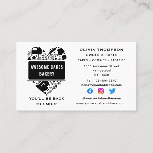 Baker Bakery Cakes Cookies Pastry Chef White Black Business Card