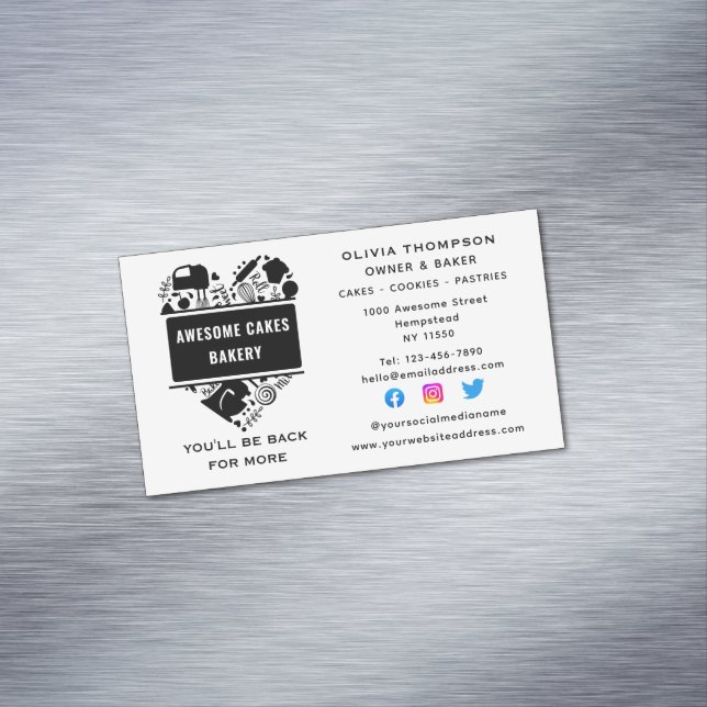 Baker Bakery Cakes Cookies Pastry Chef White Black Business Card Magnet (In Situ)