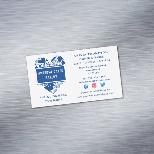 Baker Bakery Cakes Cookies Pastry Chef White Blue Business Card Magnet