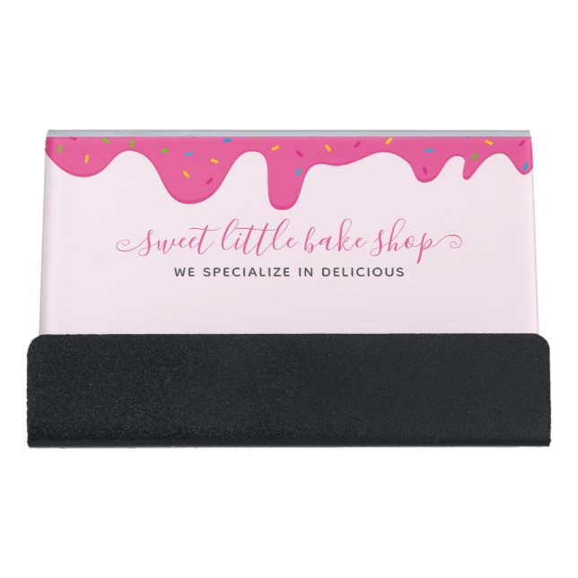 Baker Bakery Frosting Drips Sprinkles Pink  Desk Business Card Holder (Front)