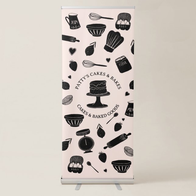 Baker Baking Utensils Pink Black Business Retractable Banner (Front)