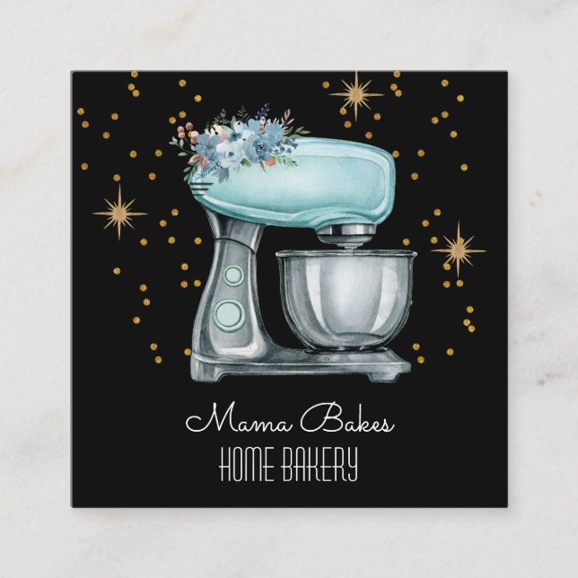 Baker Baking Watercolor Pastry Chef Black Square Business Card (Front)