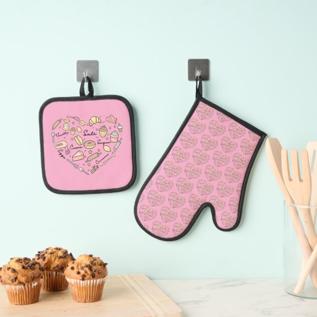 Baker Heart Funny Bakery Baking Pastry Chef Oven Mitt & Pot Holder Set (Insitu(Hanging))