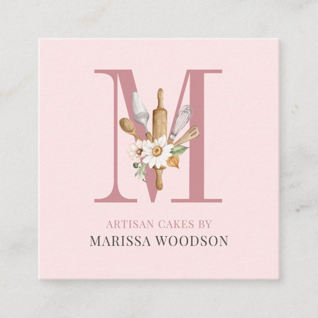 Baker Pastry Chef Bakers Tools Pink Square Business Card (Front)