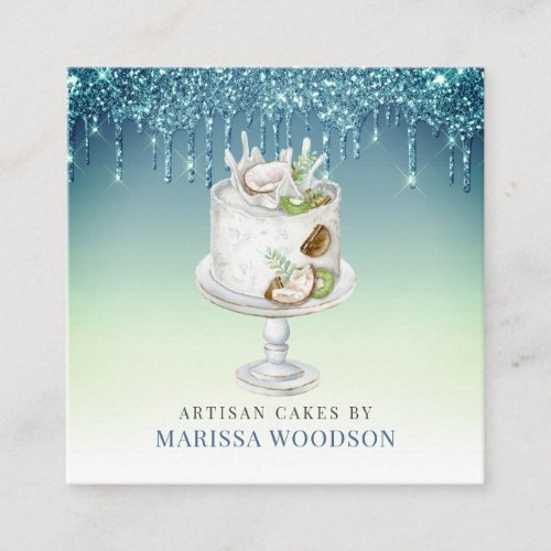 Baker Pastry Chef Cake Blue Green Glitter Drips Square Business Card