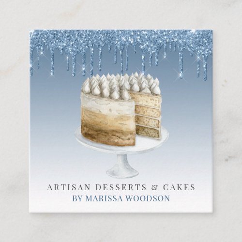 Baker Pastry Chef Elegant Cake Blue Glitter Drips  Square Business Card