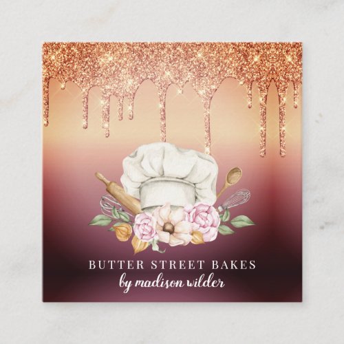 Baker Pastry Chef Glitter Drips Rose Gold  Square Business Card