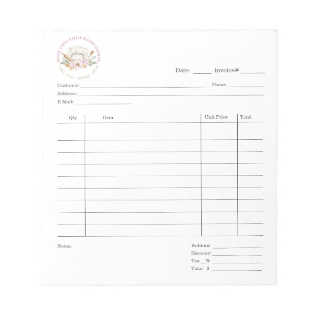 Baker Pastry Chef Hat Dessert Cater Invoice Pad (Front)