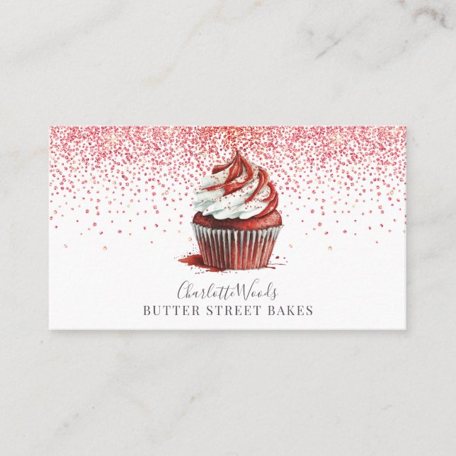 Baker Pastry Chef Red Velvet Cupcake Pink Glitter Business Card (Front)