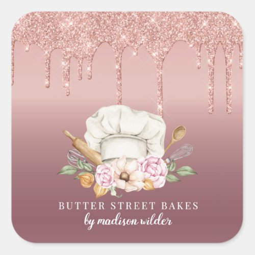 Baker Pastry Chef Rose Gold Glitter Drips Product  Square Sticker