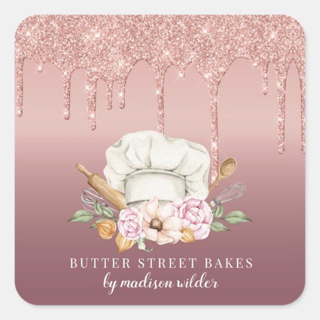 Baker Pastry Chef Rose Gold Glitter Drips Product  Square Sticker (Front)
