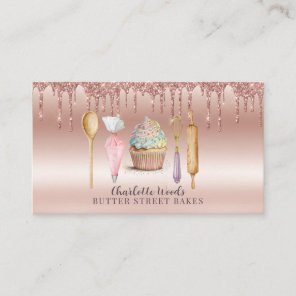 Baker Pastry Chef Rose Gold Glitter Drips Utensils Business Card