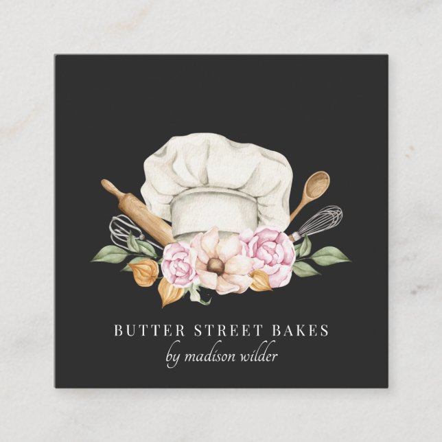 Baker Pastry Chef Watercolor Bakers Tools Square Business Card (Front)
