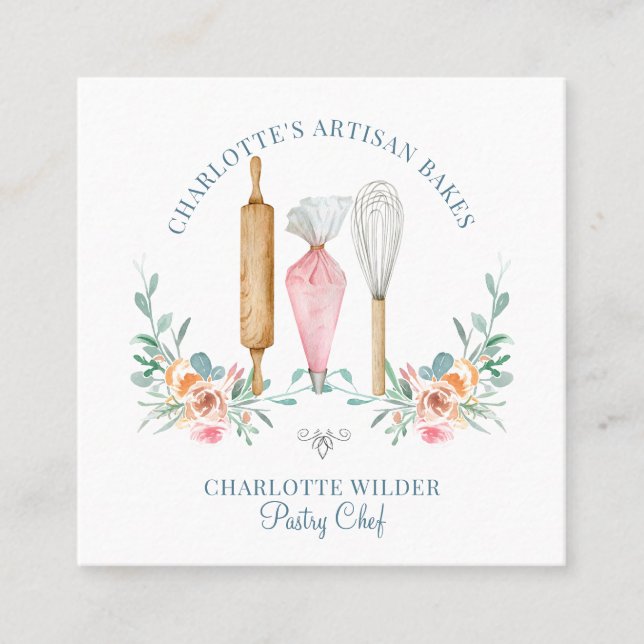 Baker Pastry Chef Watercolor Baker's Tools Square Business Card (Front)