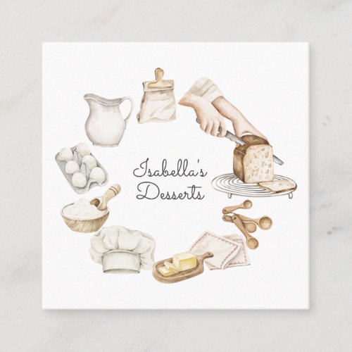 Baker Pastry Chef Watercolor Baking Ingredients Square Business Card