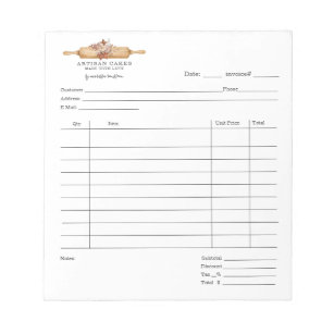 Baker Pastry Chef Watercolor Baking Invoice Pad