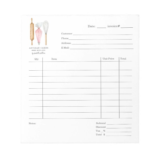 Baker Pastry Chef Watercolor Baking Invoice Pad (Front)