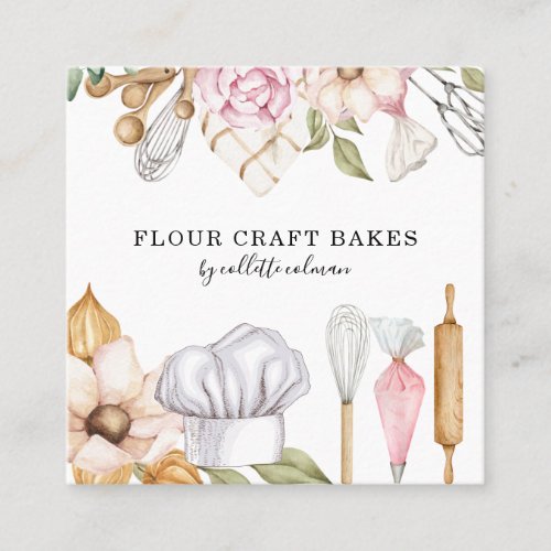 Baker Pastry Chef Watercolor Baking Tools Square Business Card
