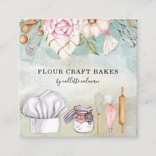 Baker Pastry Chef Watercolor Baking Tools Utensil  Square Business Card
