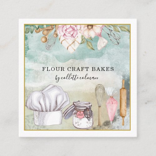 Baker Pastry Chef Watercolor Baking Tools Utensil Square Business Card