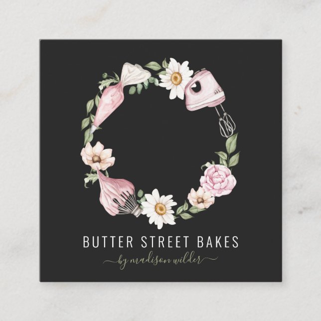 Baker Pastry Chef Watercolor Baking Utensil Floral Square Business Card (Front)