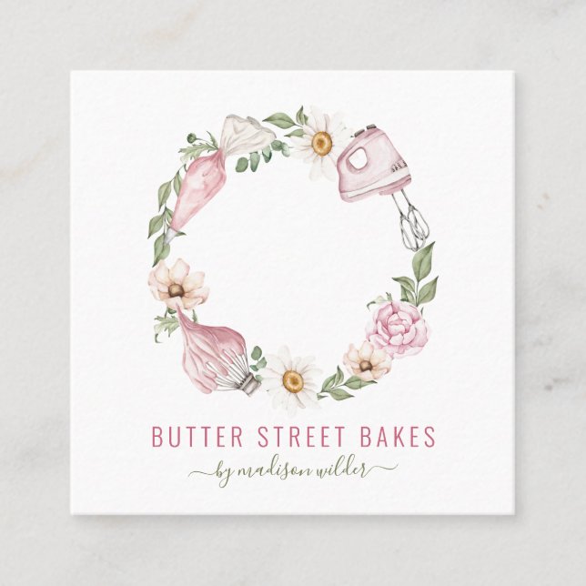 Baker Pastry Chef Watercolor Baking Utensil Floral Square Business Card (Front)