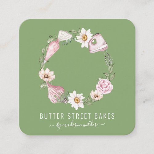 Baker Pastry Chef Watercolor Baking Utensil Floral Square Business Card