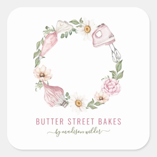 Baker Pastry Chef Watercolor Baking Utensil Floral Square Sticker