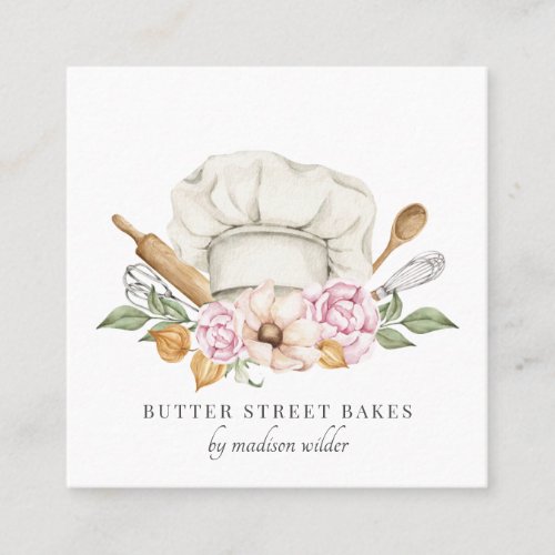 Baker Pastry Chef Watercolor Chef Hat Utensils  Square Business Card
