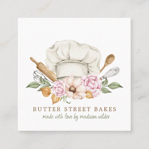 Baker Pastry Chef Watercolor Chef Hat Utensils  Square Business Card