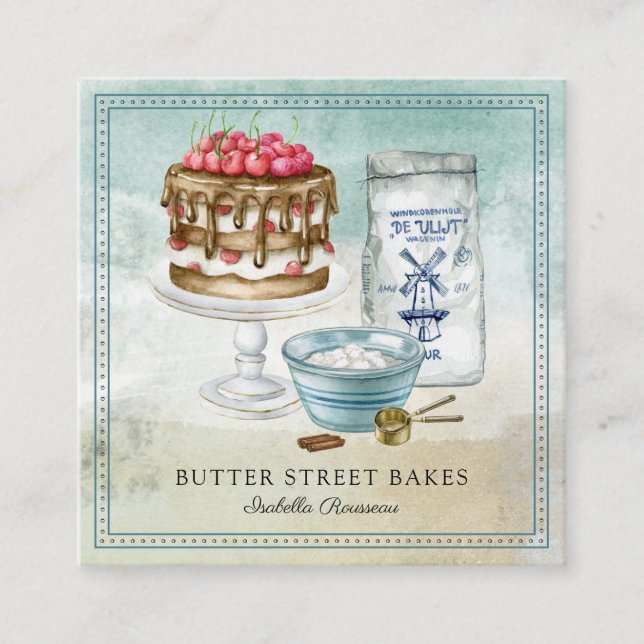Baker Pastry Chef  Watercolor Square Business Card (Front)