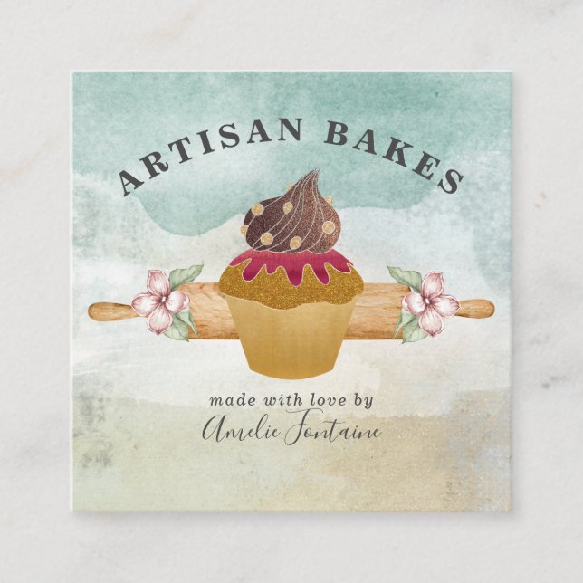 Baker Pastry Chef Watercolor  Square Business Card (Front)