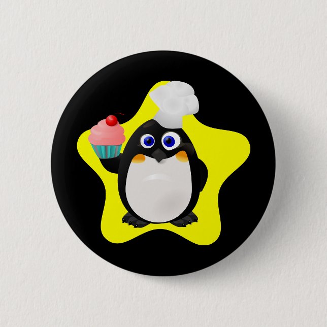 Baker Penguin with Cupcake Pinback Button (Front)