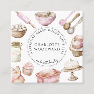 Baker Pink Watercolor Desserts Utensils  Square Business Card