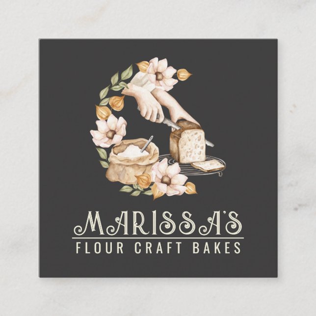 Baker's Bakery Bread And Flour Floral Black Square Business Card (Front)