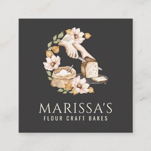 Bakers Bakery Bread And Flour Floral Black Square Business Card